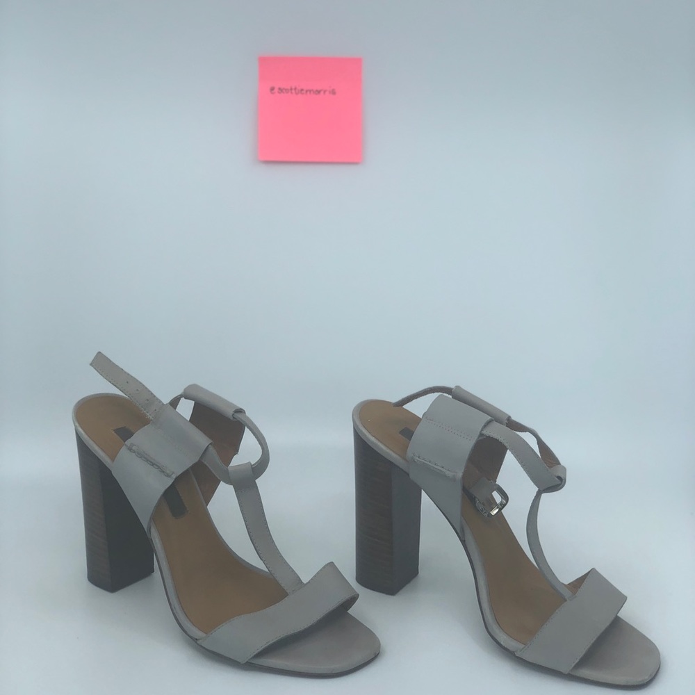 Leather t-strap sandal with stacked wooden heel